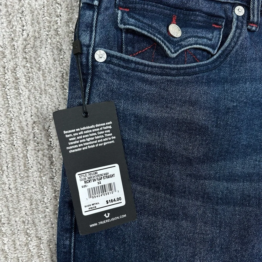 True Religion Ricky SN Flap Straight Jeans Men's 32x32 Dark Shivering Wash NWT